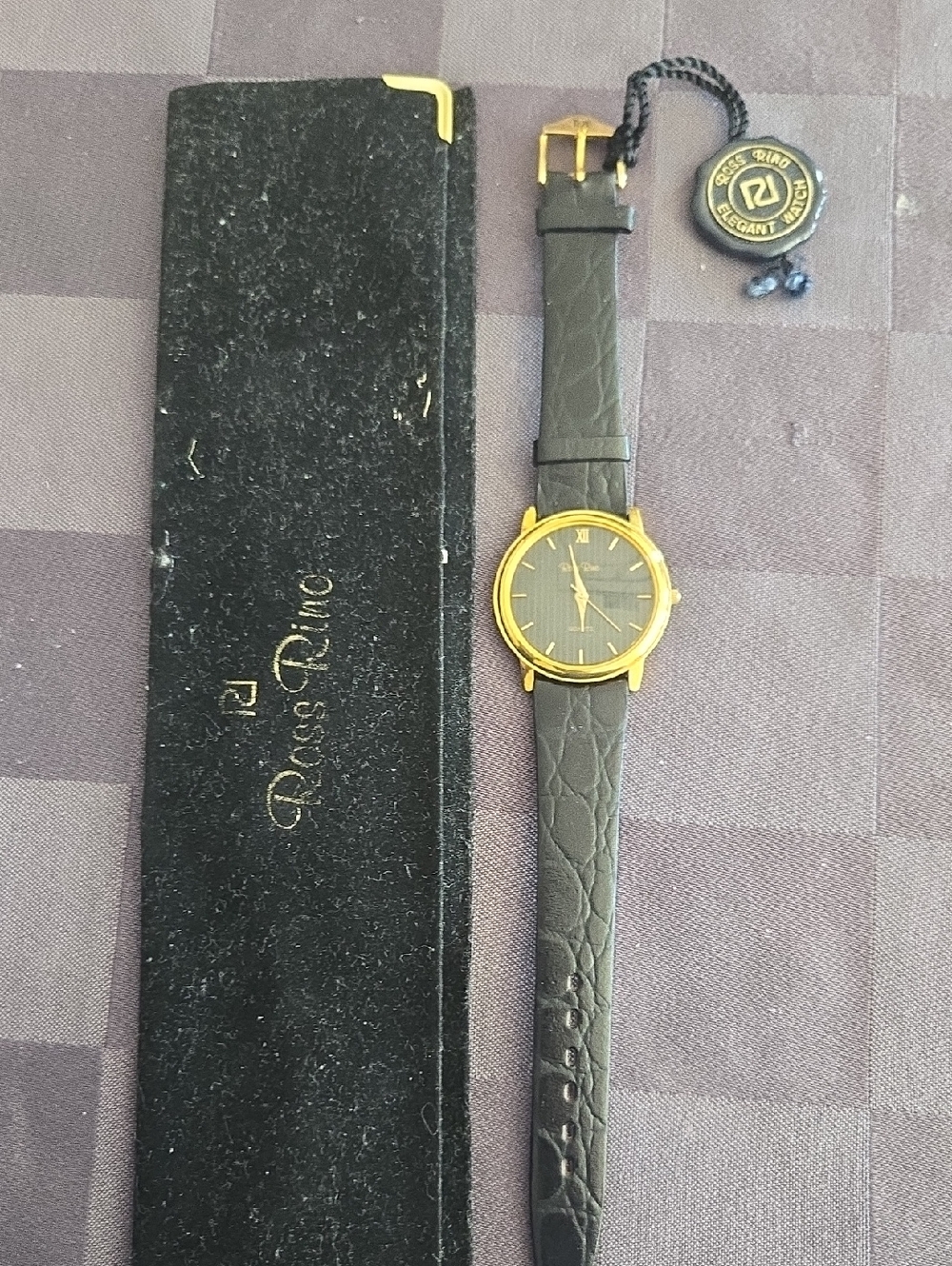 Vintage Ross Rino Black Leather Strap Watch with Gold Case